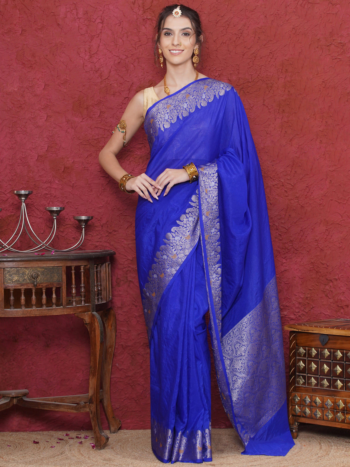 Banarasi Raw Silk With Zari Border - Deep Blue