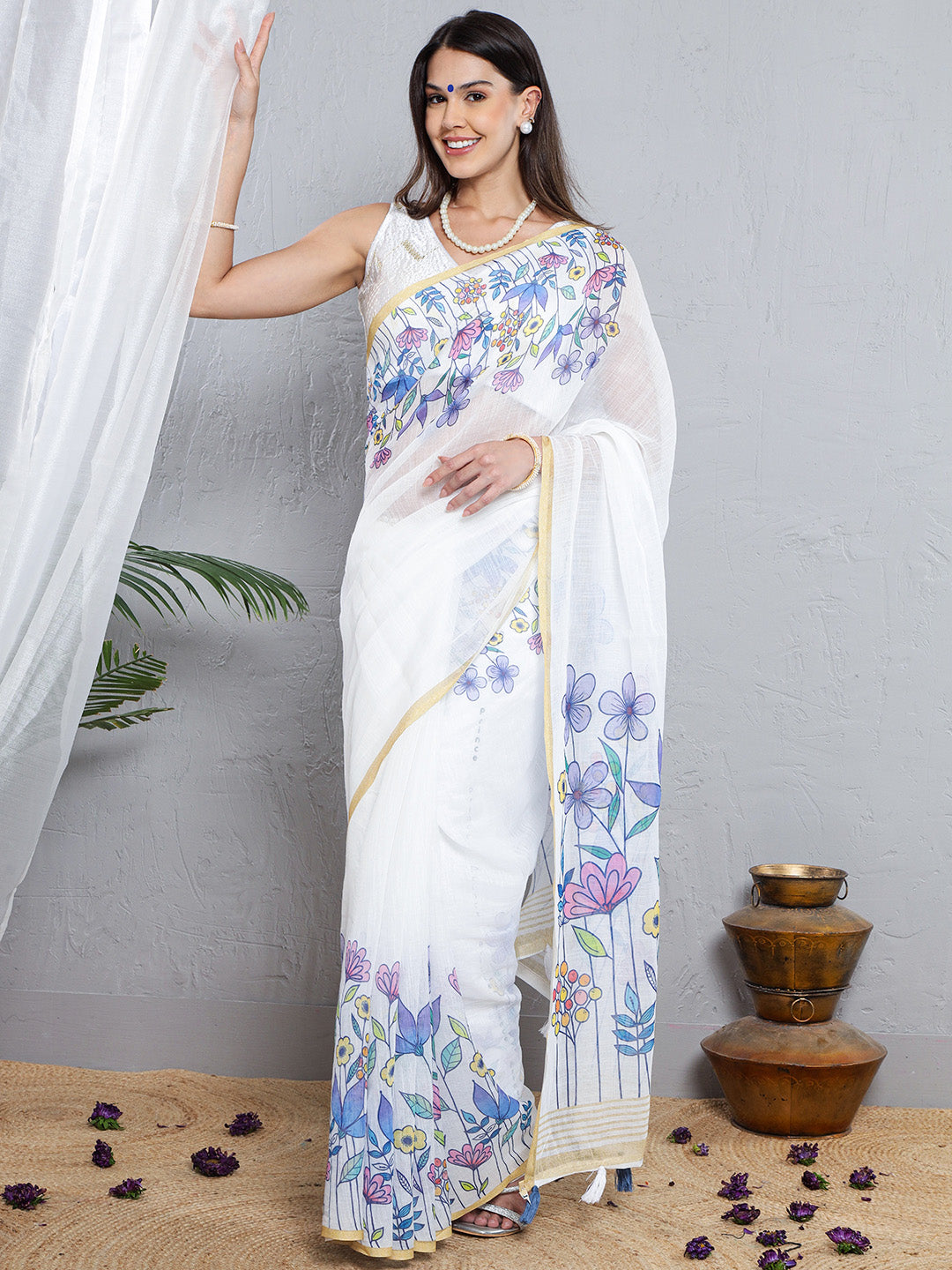 Floral Printed Soft Linen Saree - Blue