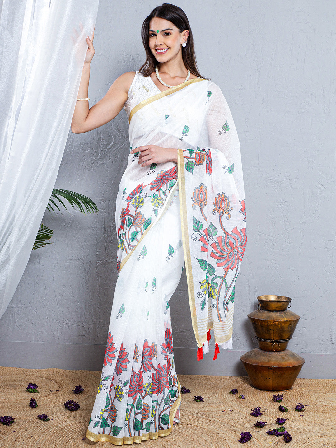 Floral Print Soft Linen Saree - Orange