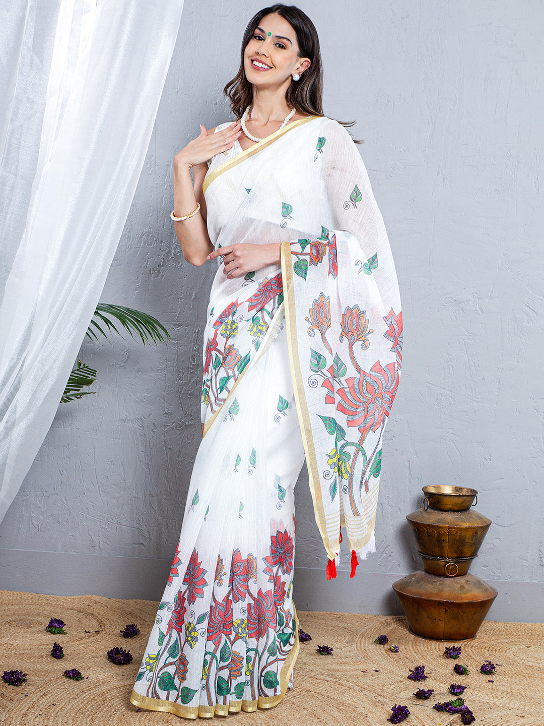 Floral Print Soft Linen Saree - Orange