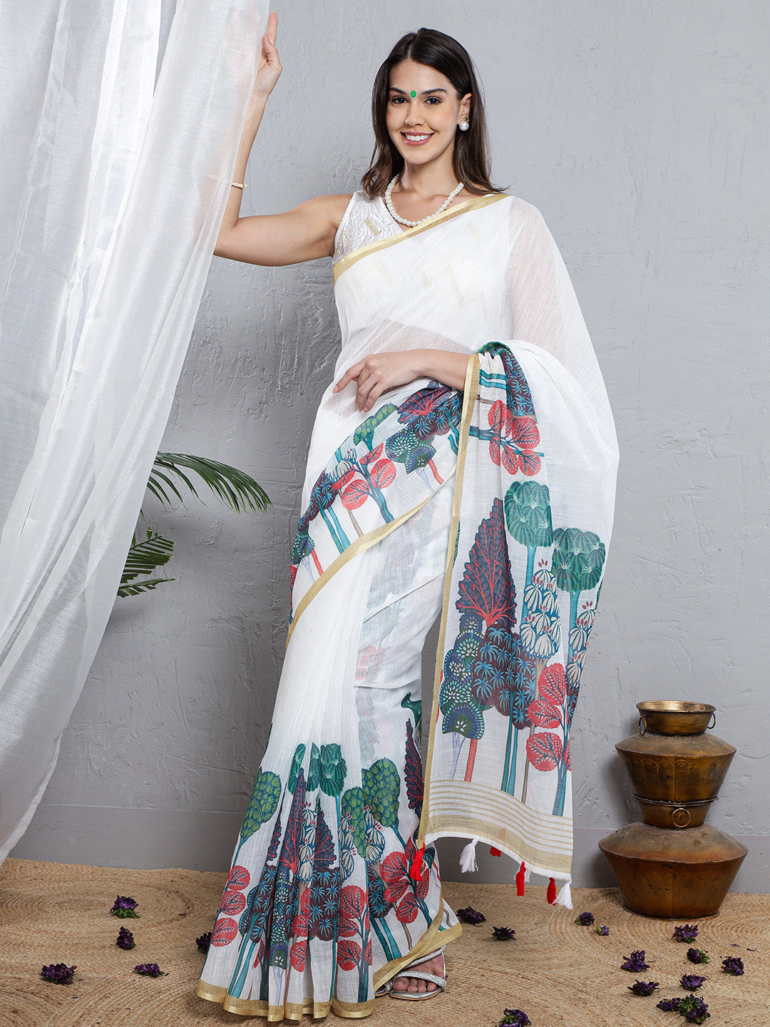 Printed Soft Linen Saree - Blue