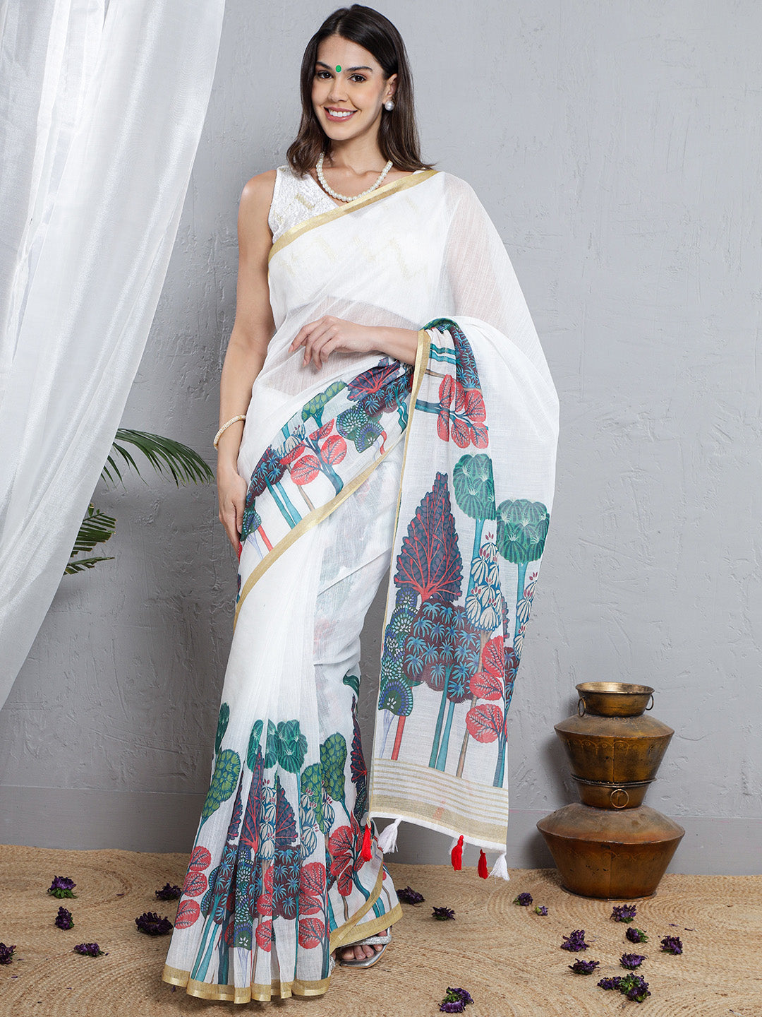 Printed Soft Linen Saree - Blue