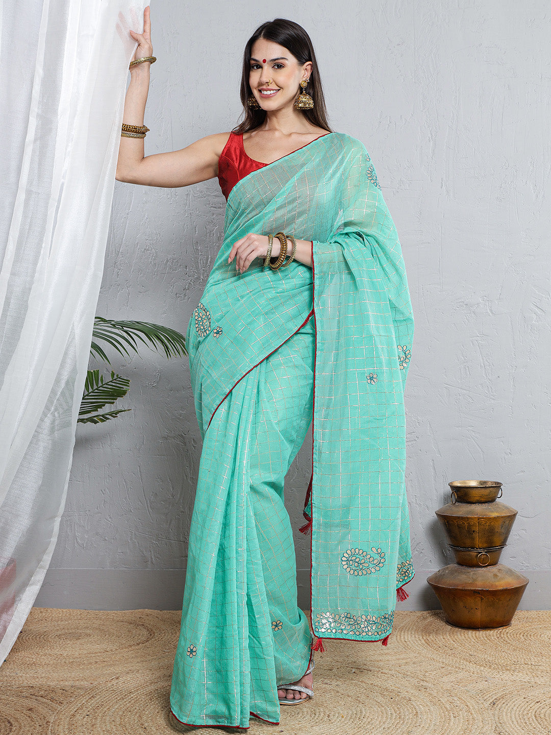 Chanderi Gotta Pati Saree - Turquoise