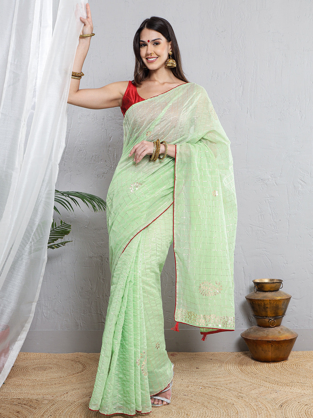 Chanderi Gotta Pati Saree - Mint Green