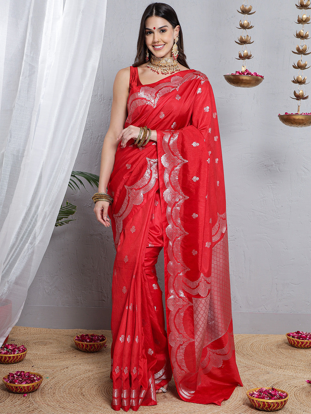 Banarasi Silk Mehrab Design Saree - Red