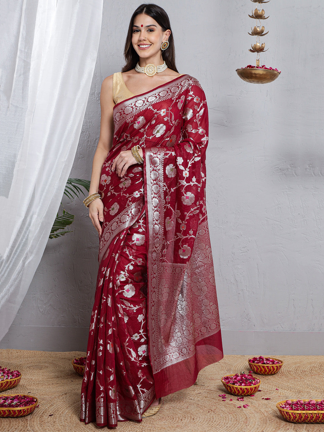 Banarasi Silk Meena Jaal Weave Saree - Maroon