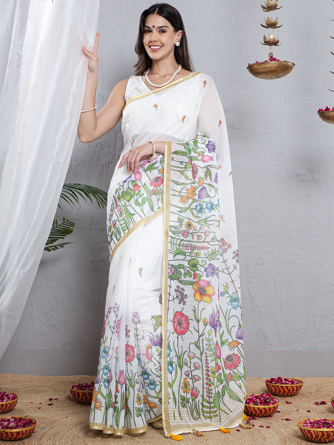 Floral Printed Soft Linen Saree - Multicolour