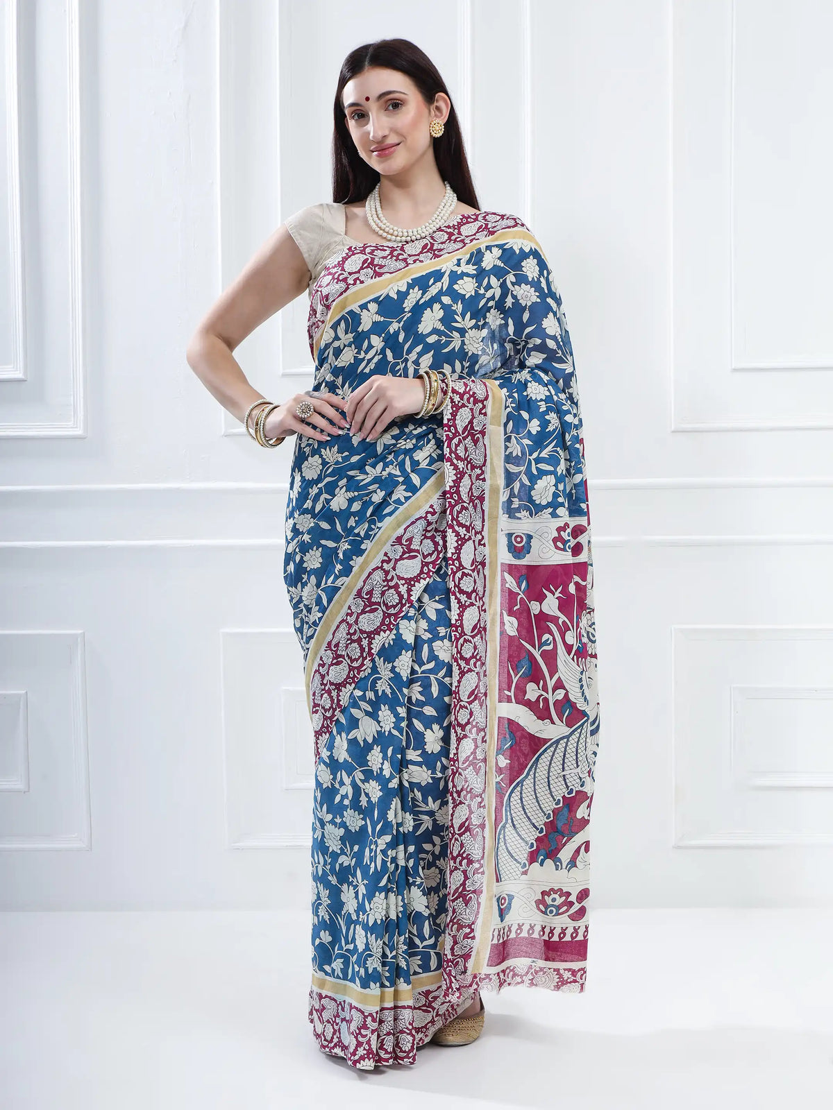 Ajrakh Print Cotton Saree - Sea Blue & Magenta
