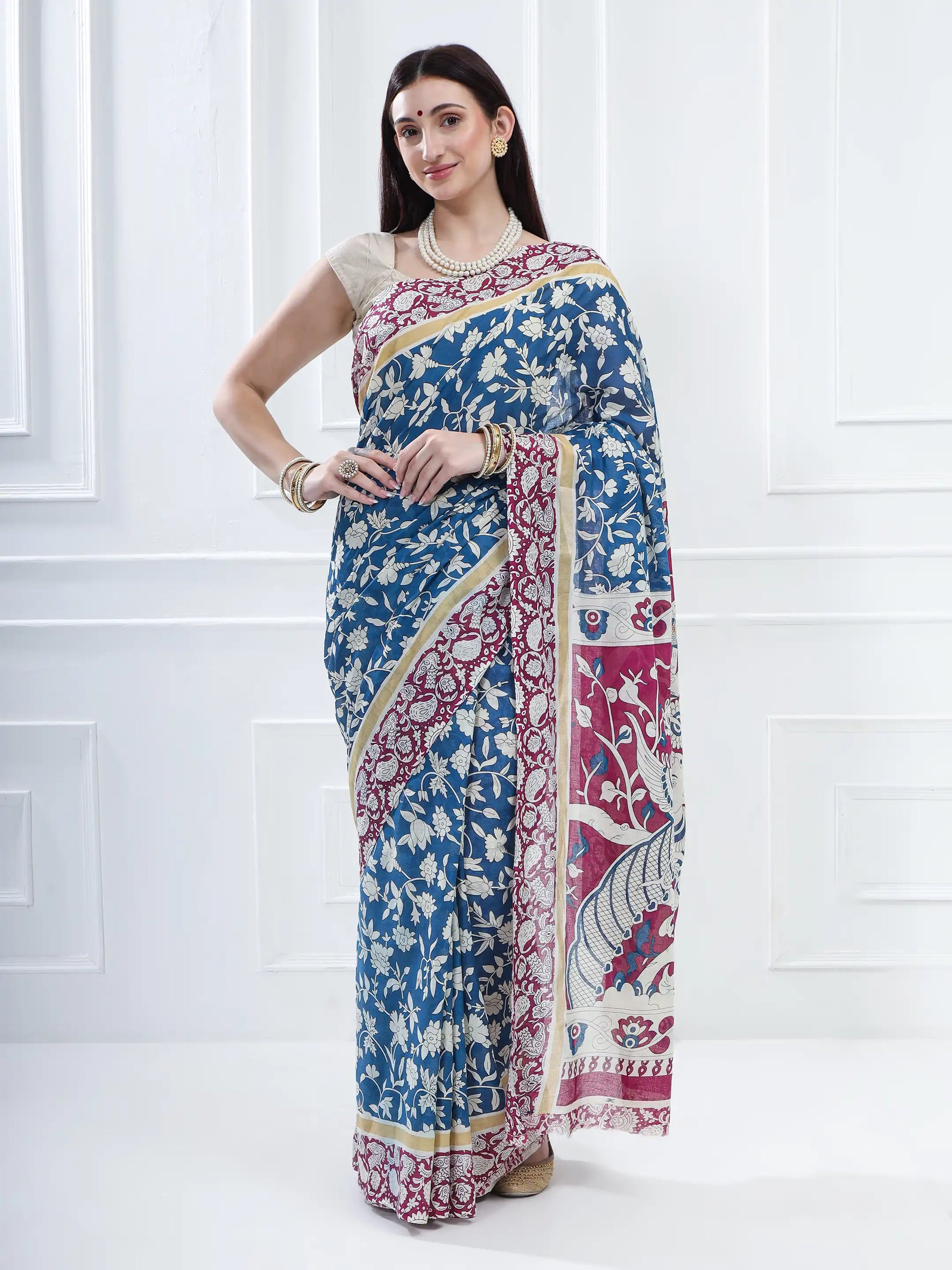 Ajrakh Print Cotton Saree - Sea Blue & Magenta