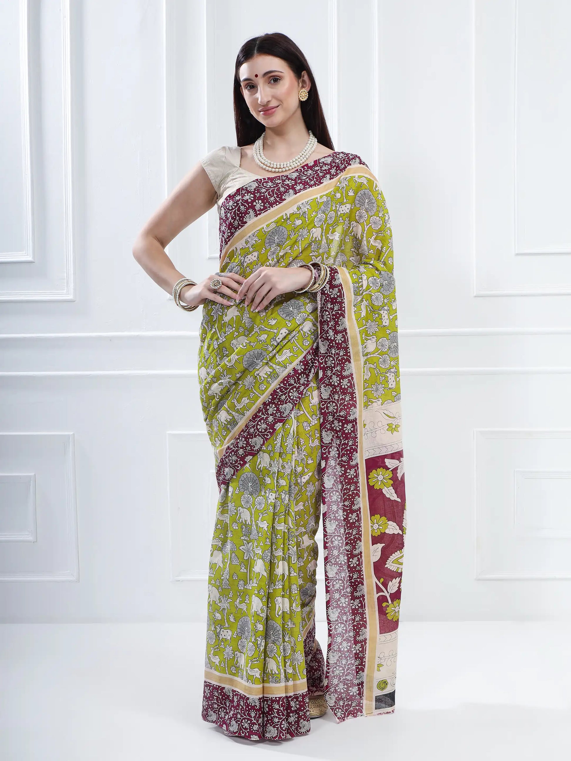 Ajrakh Print Cotton Saree - Green and Magenta