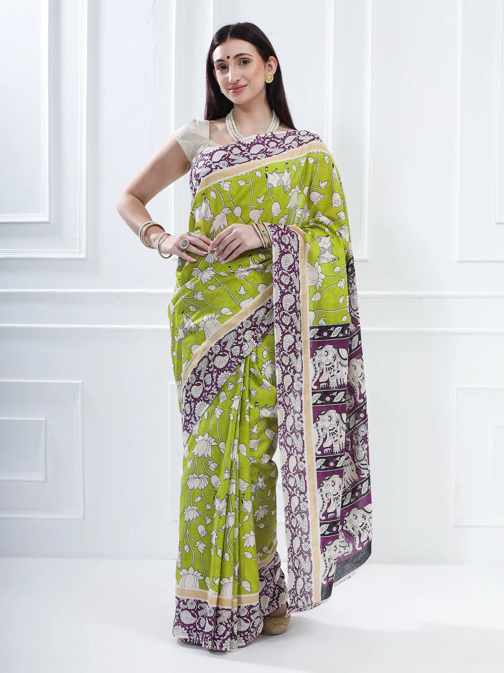 Ajrakh Print Cotton Saree - Green & Purple