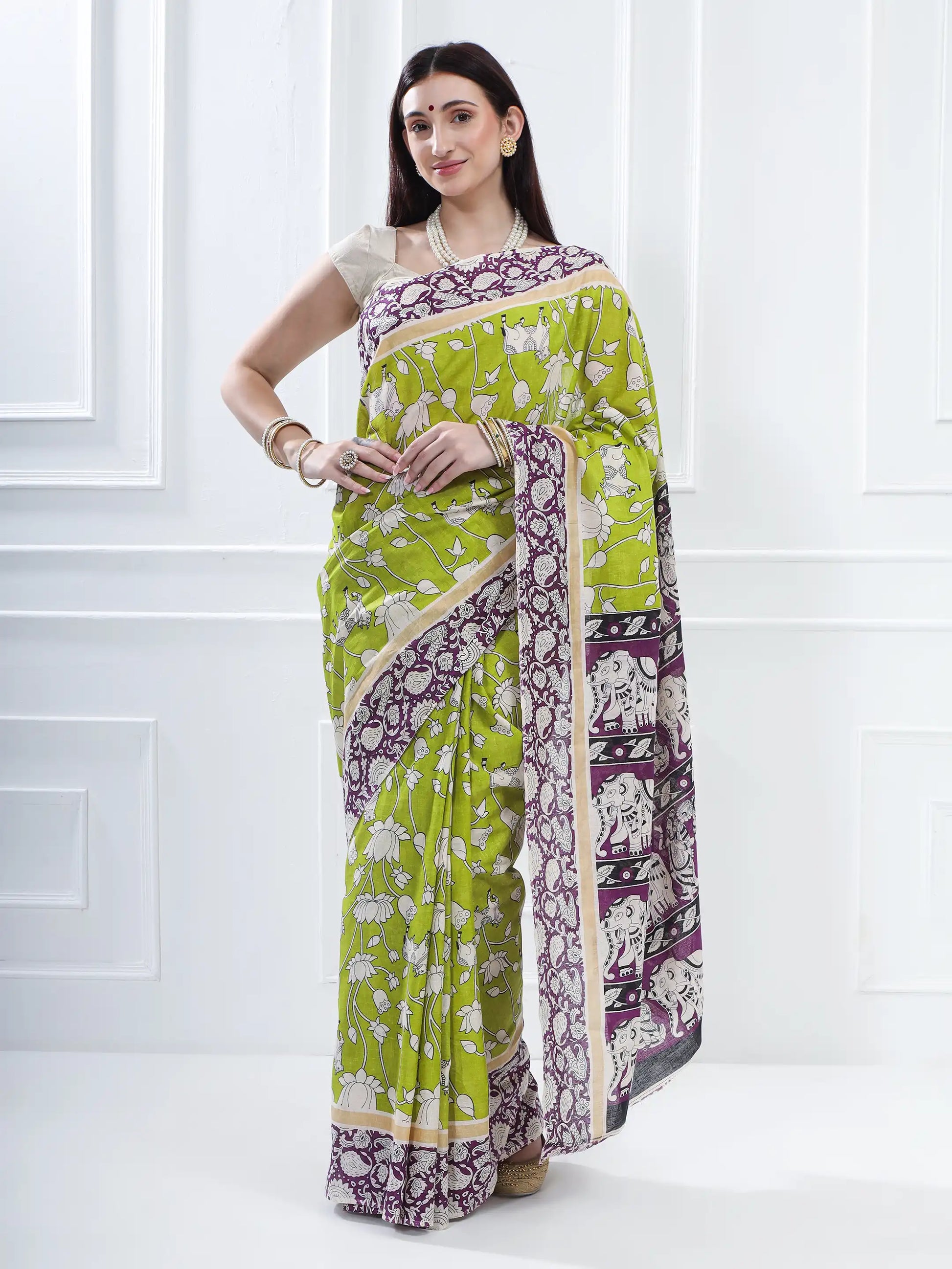 Ajrakh Print Cotton Saree - Green & Purple