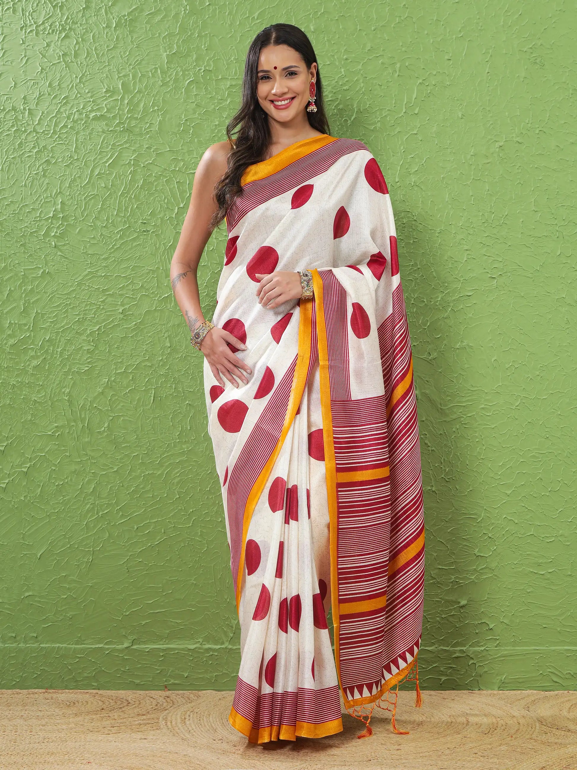 Khadi Silk Saree with Polka Motifs & Yellow Accent