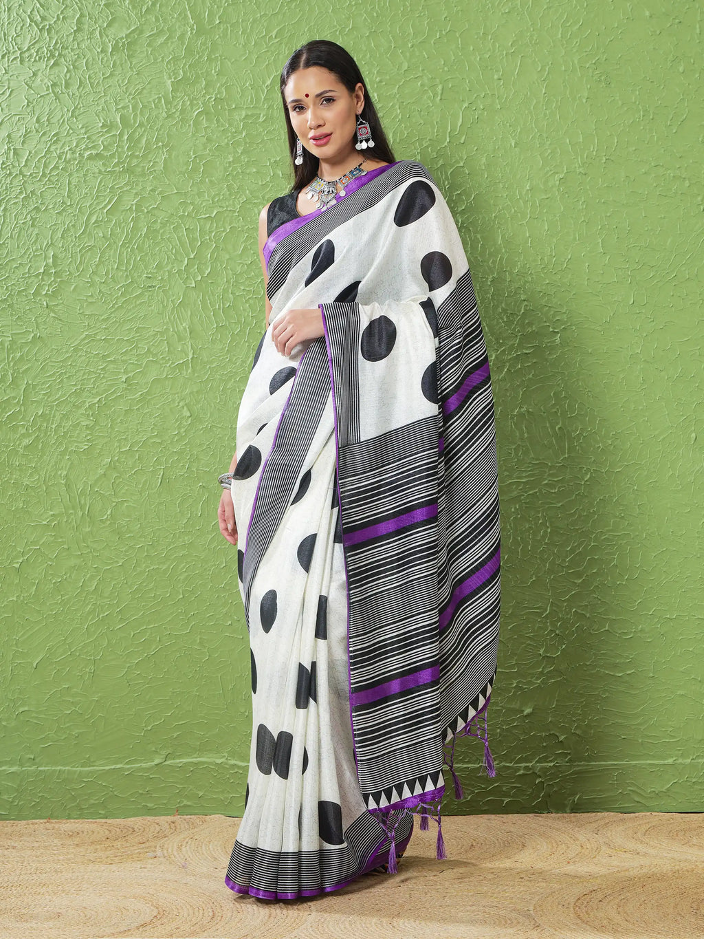 Khadi Silk Saree with Polka Motifs & Purple Accents