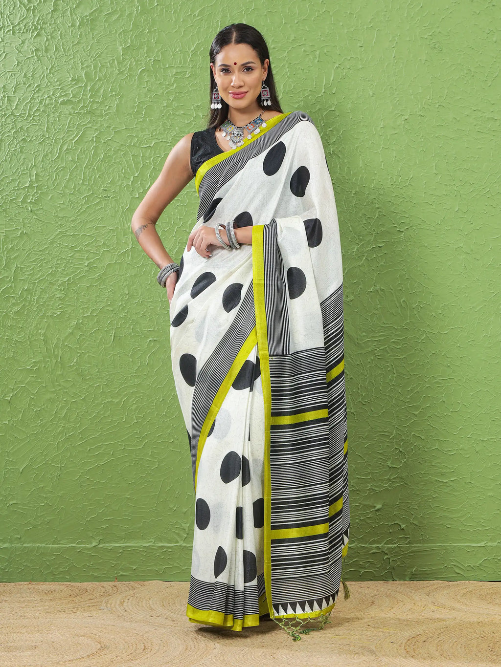 Khadi Silk Saree with Polka Motifs & Neon Accent
