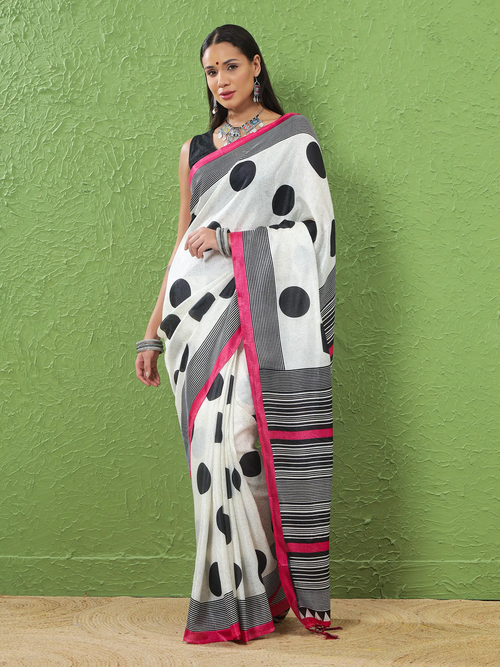 Khadi Silk Saree with Polka Motifs & Pink Accent