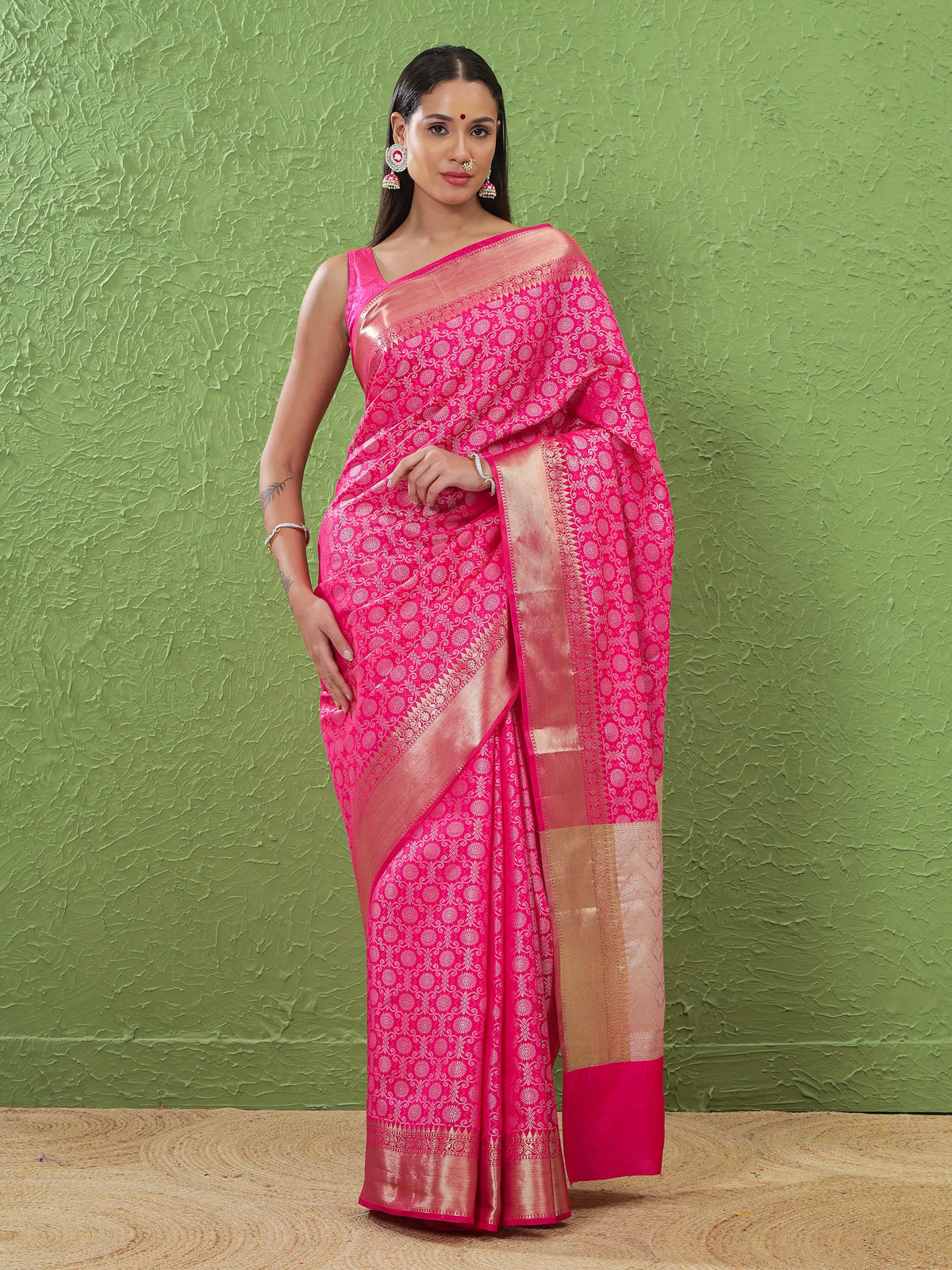 Banarasi Silk Heavy Jaal Weave Saree - Rose Pink