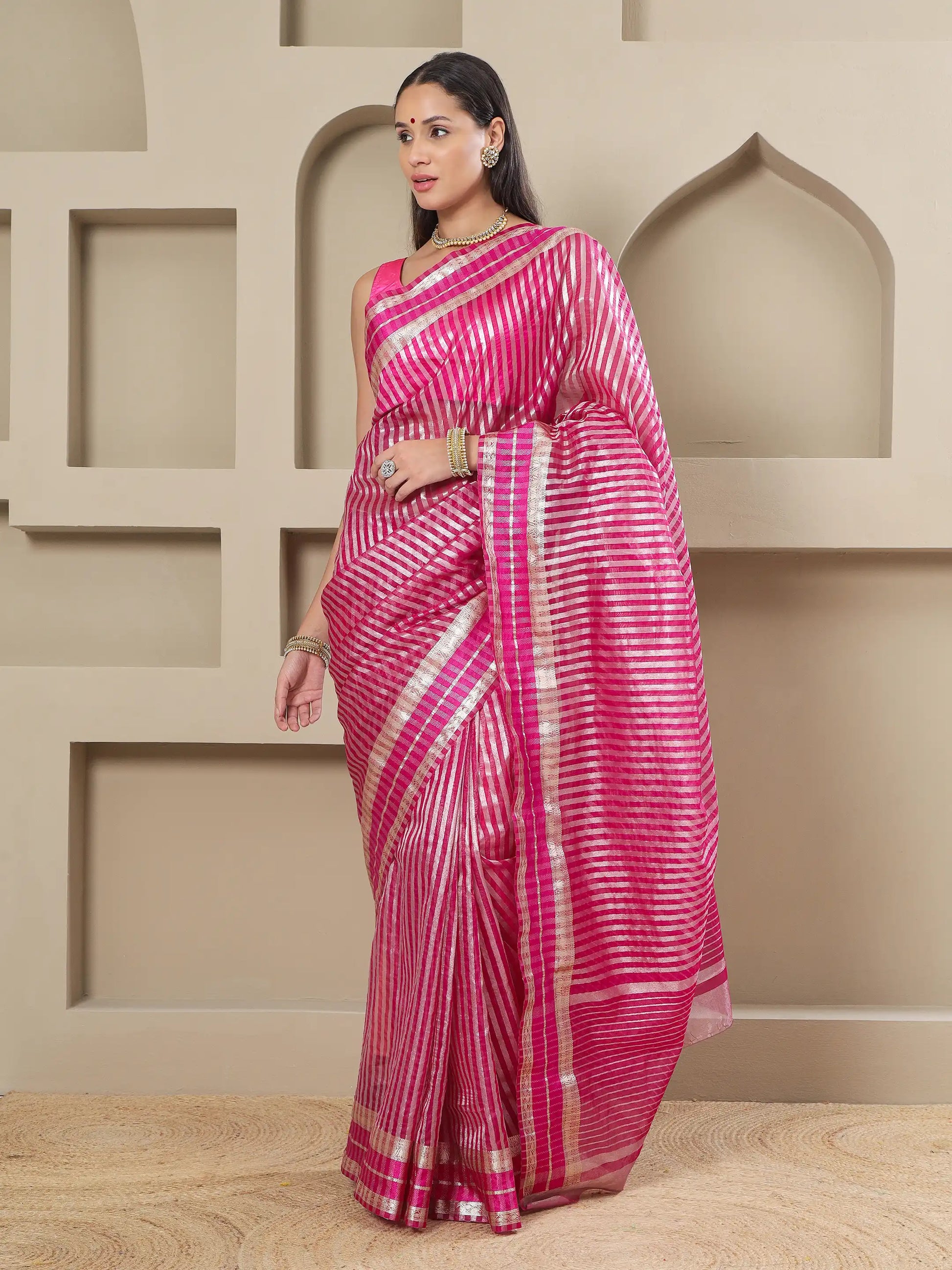 Banarasi Striped Zari Tissue Saree - Pink