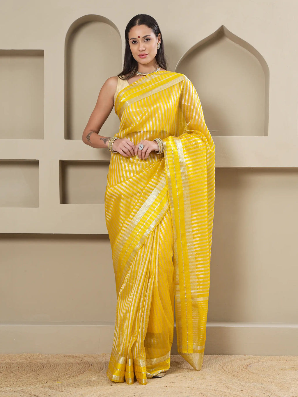 Banarasi Striped Zari Tissue Saree - Yellow