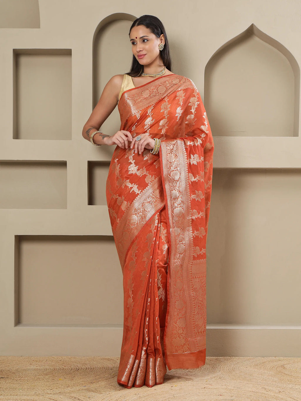 Banarasi Silk Heavy Zari Work - Tangerine Orange