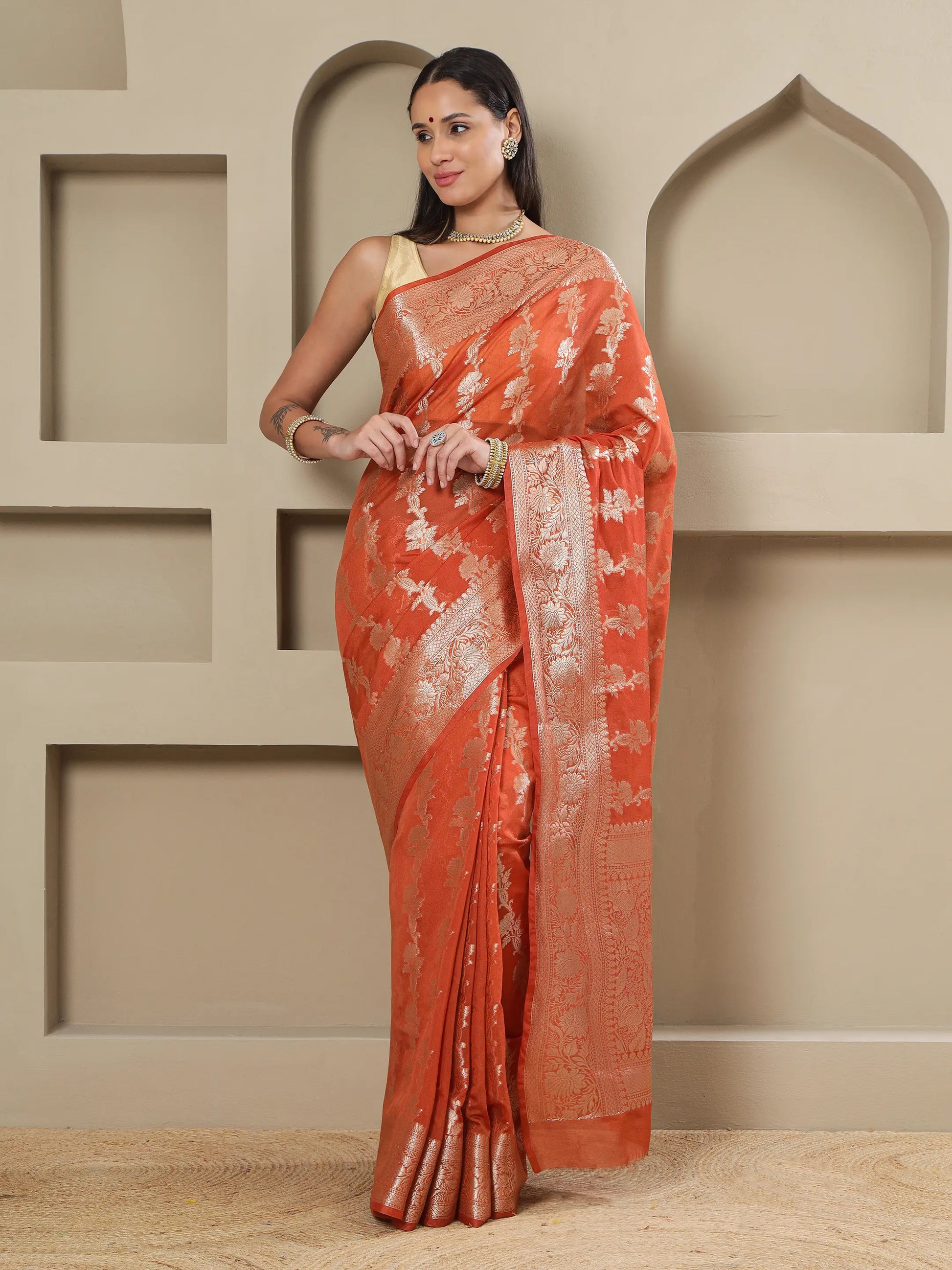 Banarasi Silk Heavy Zari Work - Tangerine Orange