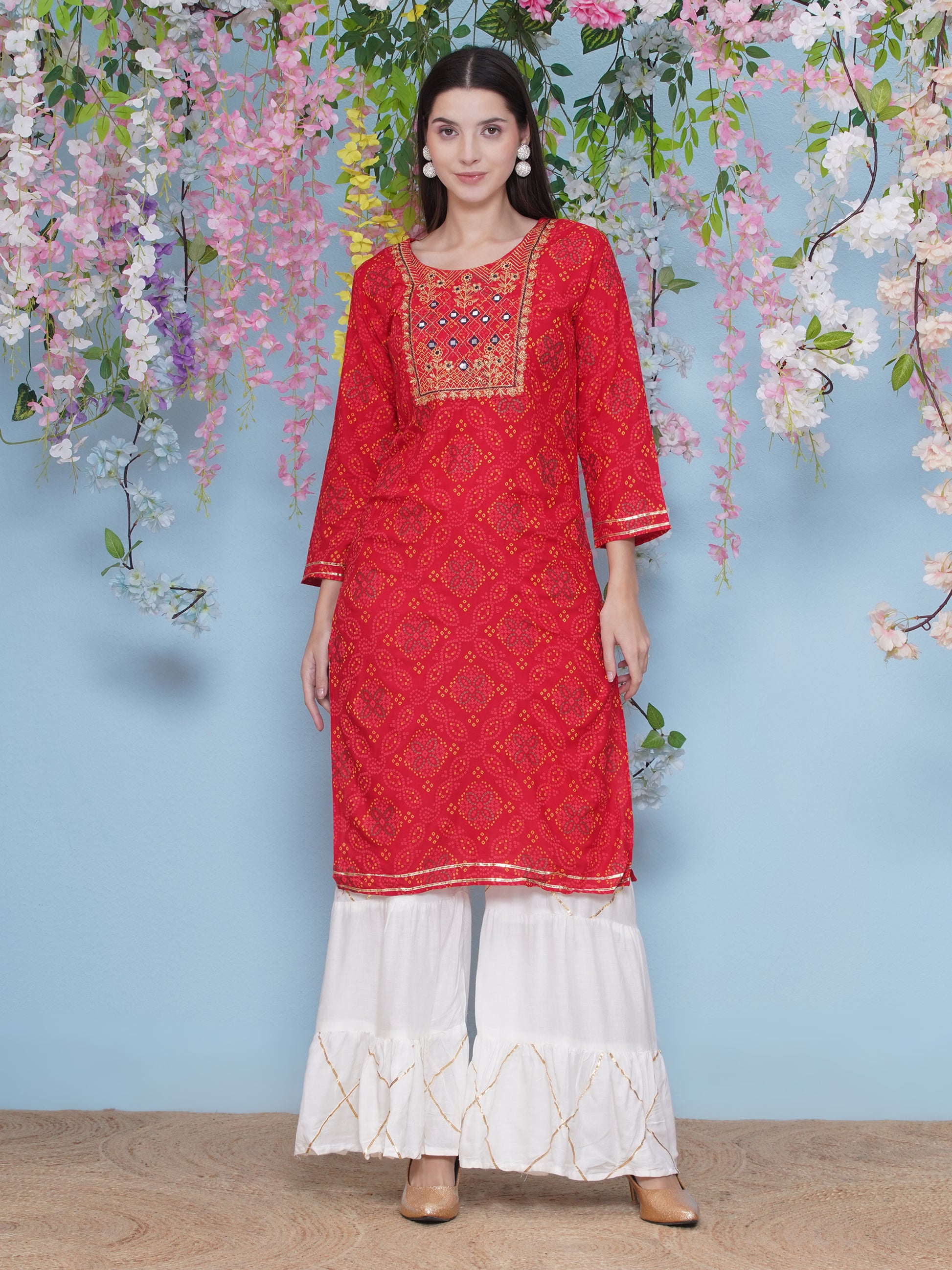 Gota Patti Printed Kurti Sharara Suit Set - Red