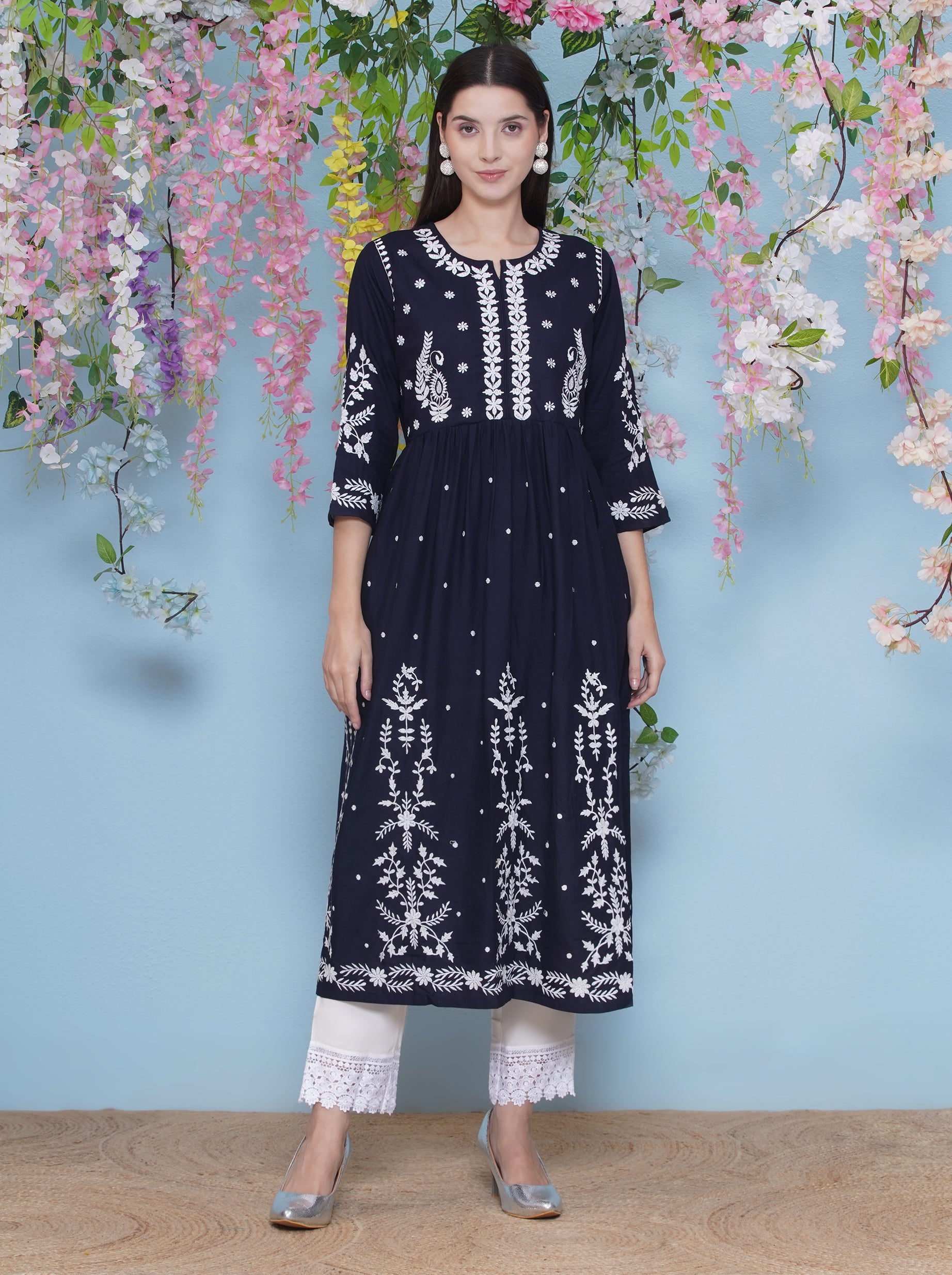 Embroidary A-line Kurti & Pant Set - Dark Blue