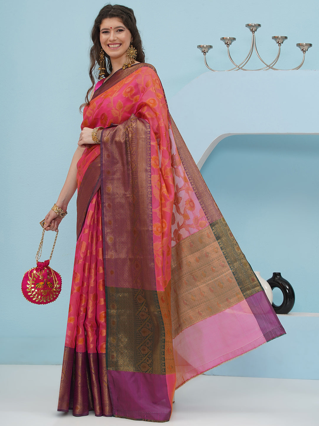 Banarasi Silk Blend Woven Border Saree – Magenta