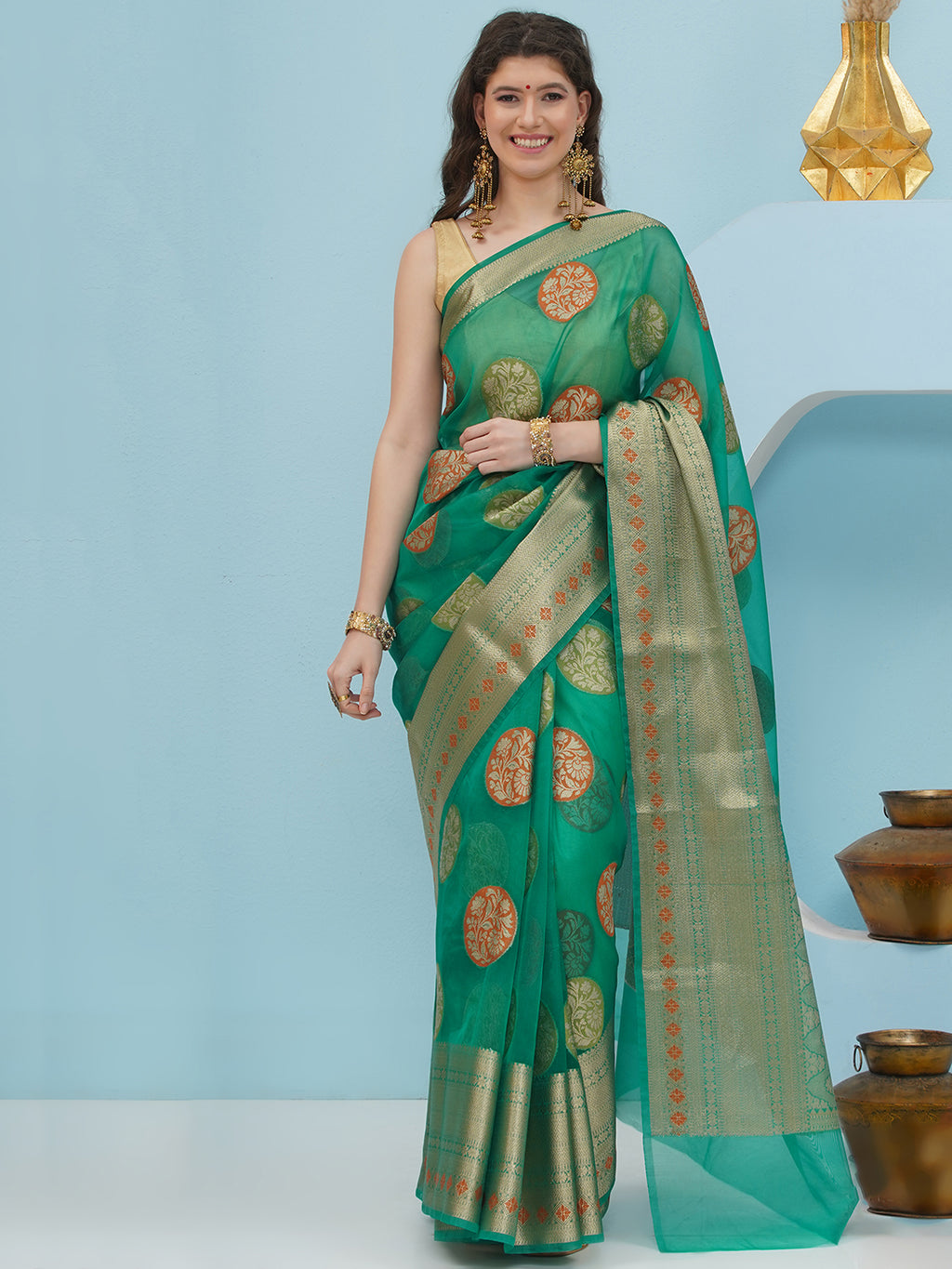 Banarasi Organza Woven Saree – Emerald Green