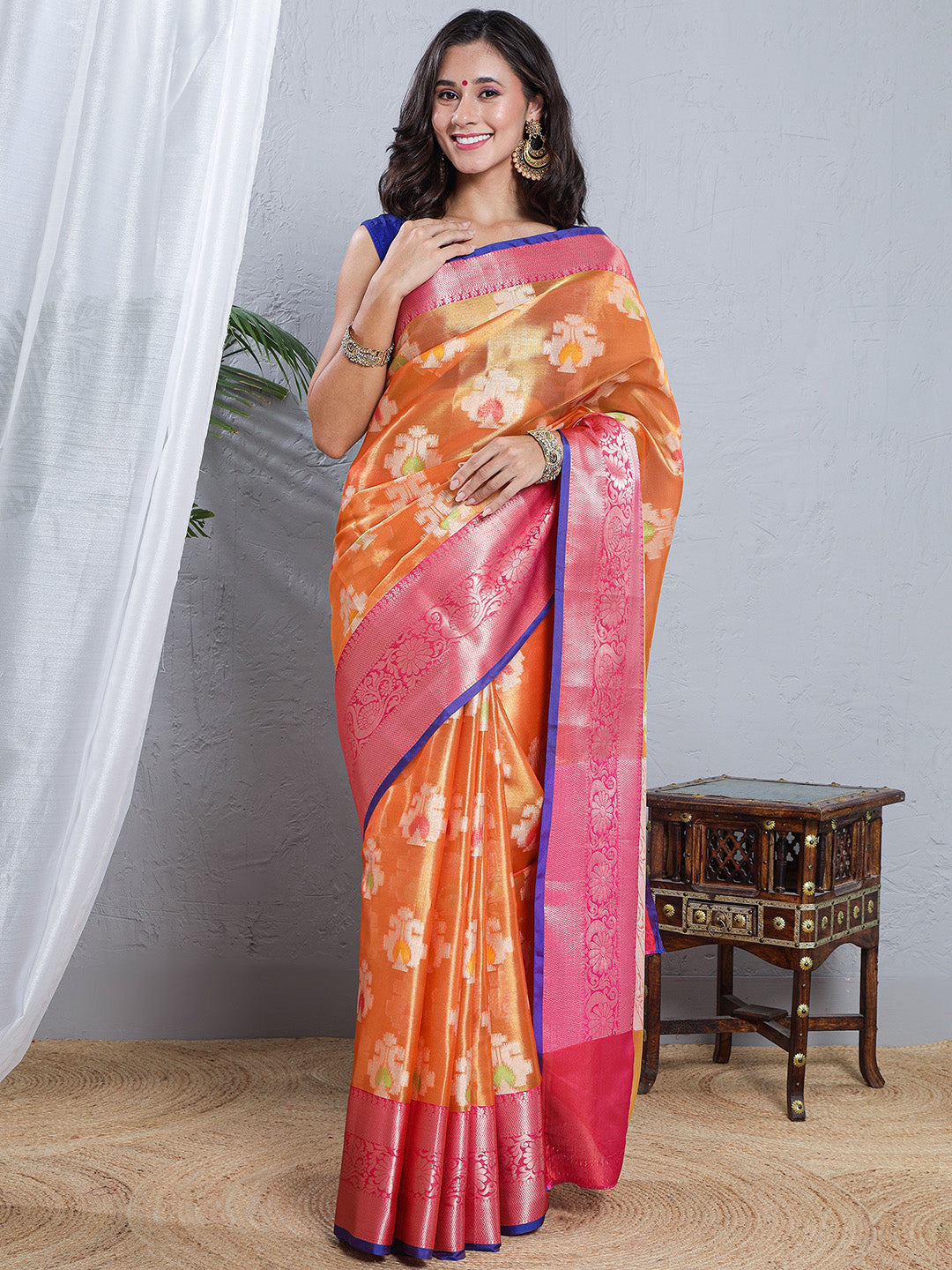 Banarasi Woven Tissue Skirt Border Saree - Orange & Pink