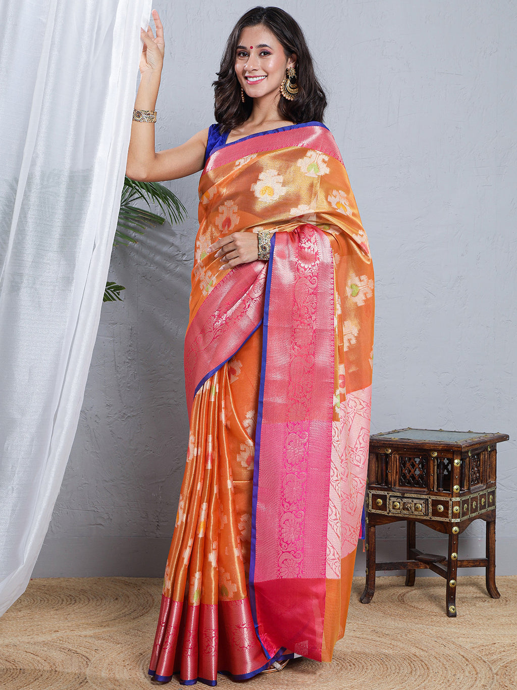 Banarasi Woven Tissue Skirt Border Saree - Orange & Pink