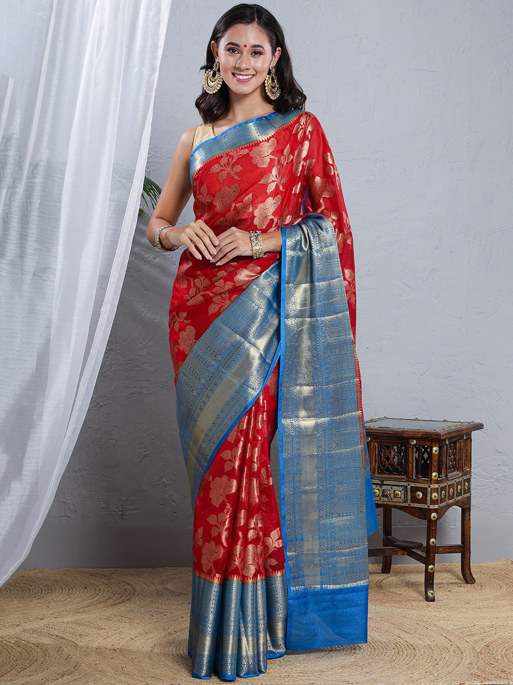 Banarasi Kota Silk Woven Skirt Body Saree - Red & Blue