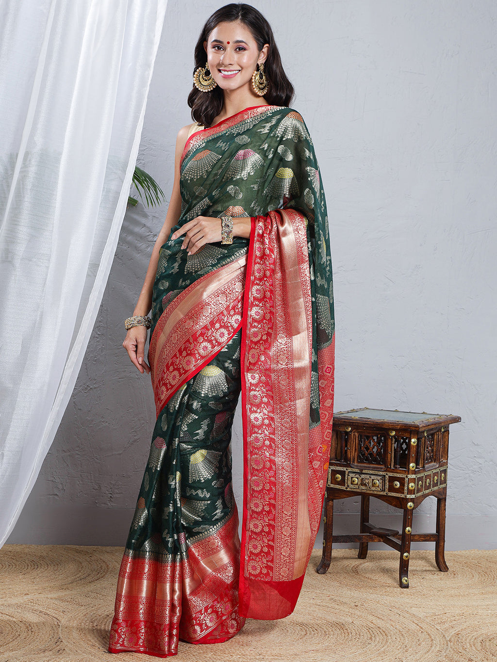 Banarasi Kota Silk Woven Skirt Border Saree - Deep Green & Red