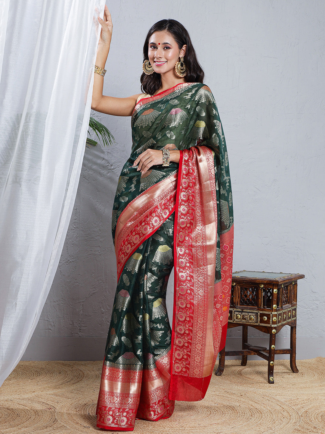 Banarasi Kota Silk Woven Skirt Border Saree - Deep Green & Red