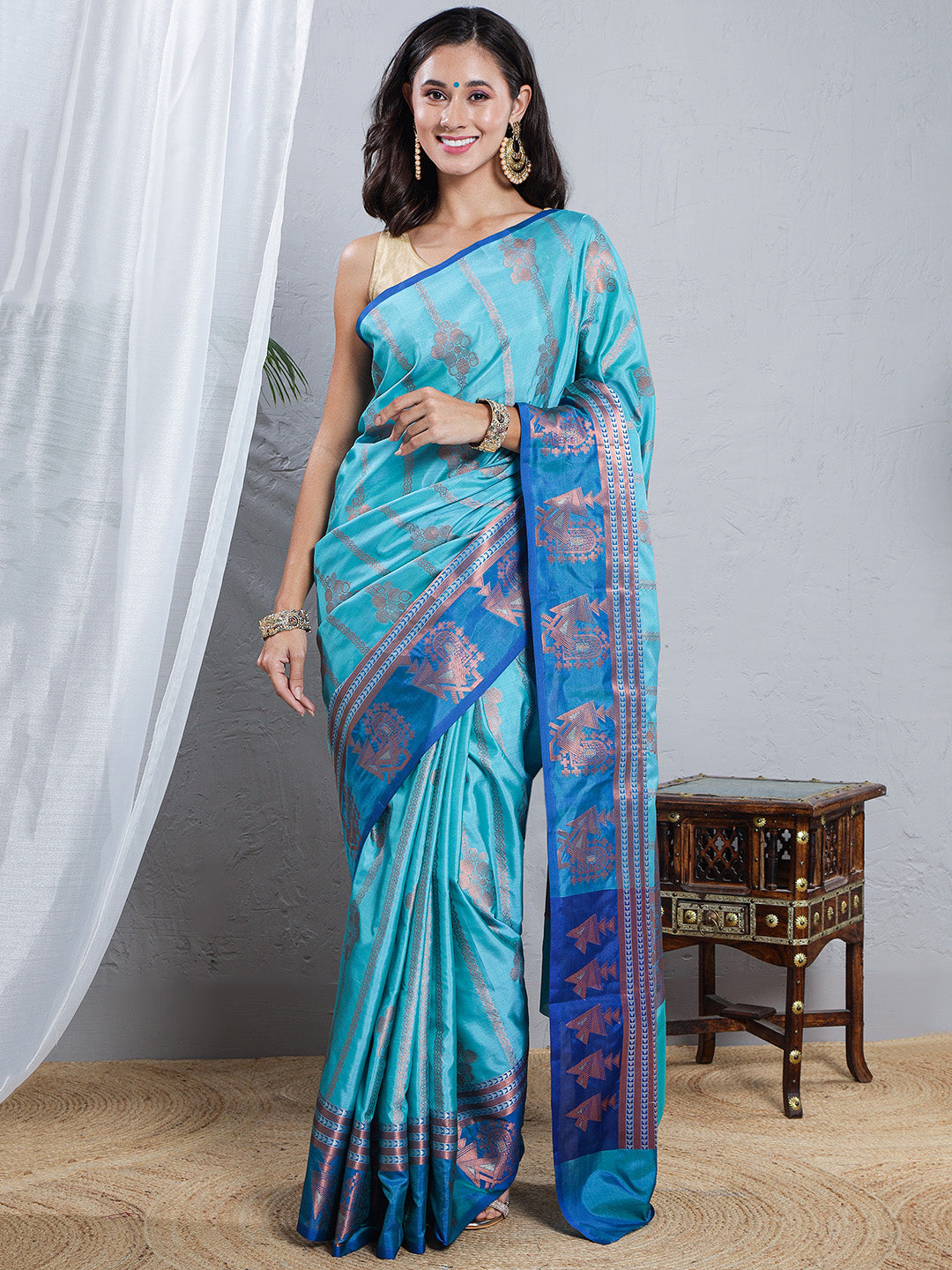 Banarasi Silk Woven Saree - Aqua Blue & Royal Blue