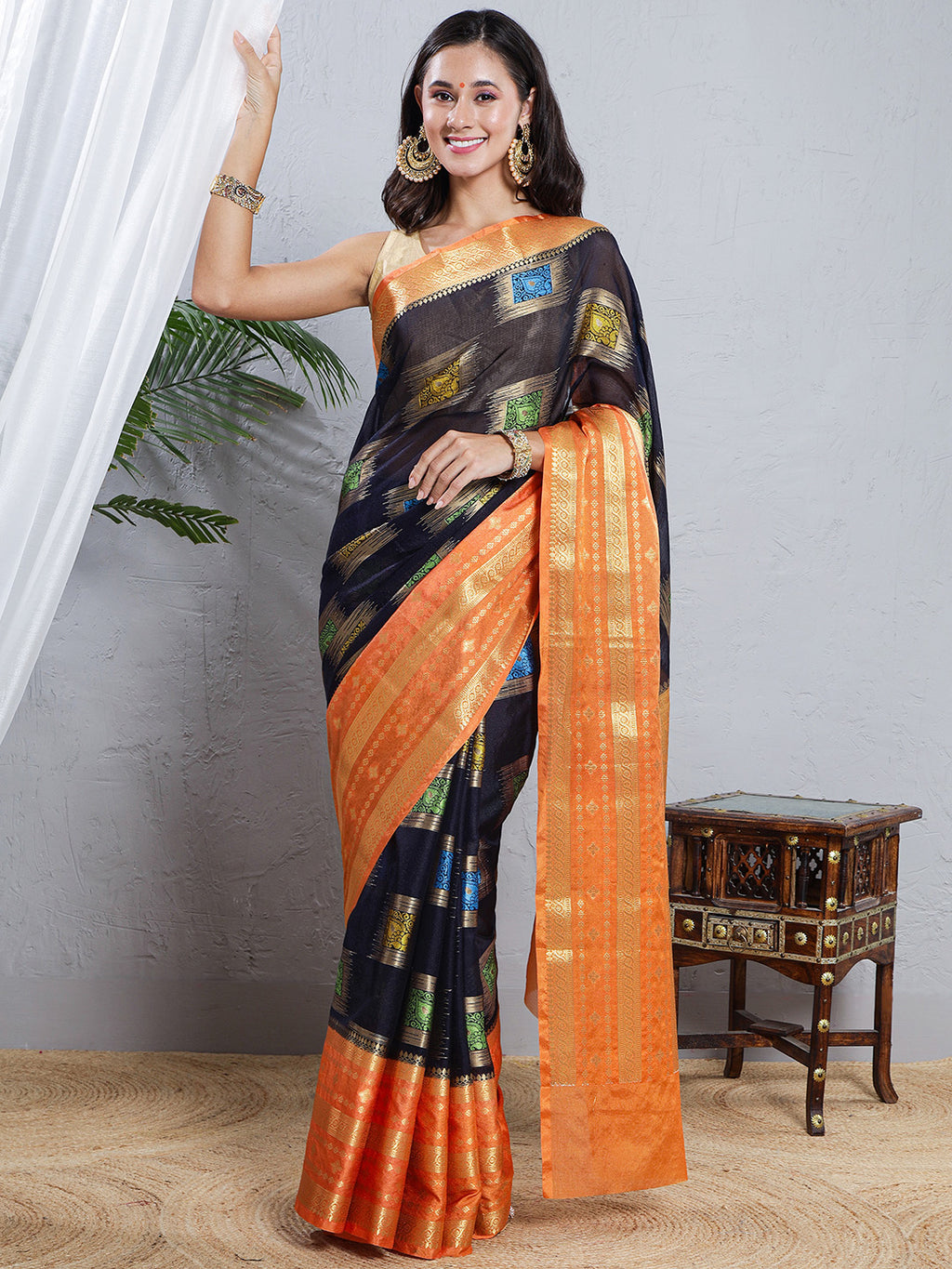 Banarasi Kota Silk Woven Skirt Body Saree - Navy Blue & Orange