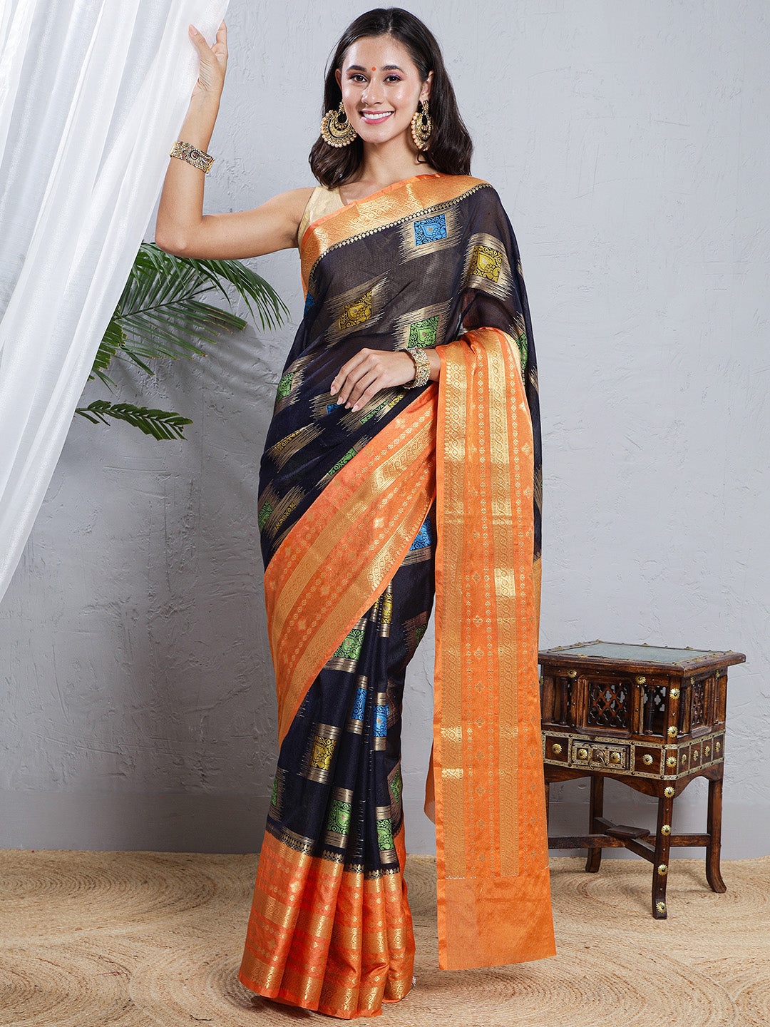 Banarasi Kota Silk Woven Skirt Body Saree - Navy Blue & Orange