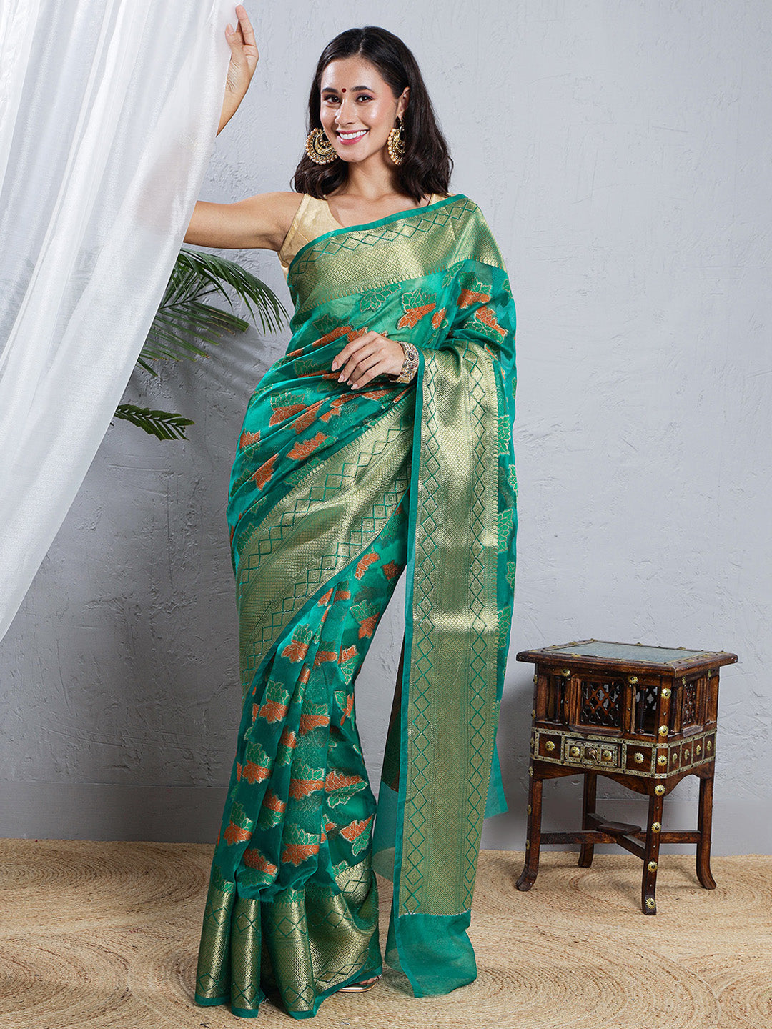 Banarasi Organza Saree with Golden Zari Border - Green