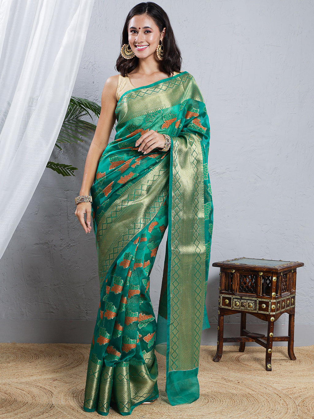 Banarasi Organza Saree with Golden Zari Border - Green