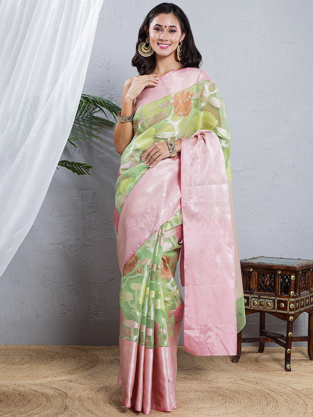 Banarasi Organza Floral Woven Saree - Soft Pink & Pastel Green