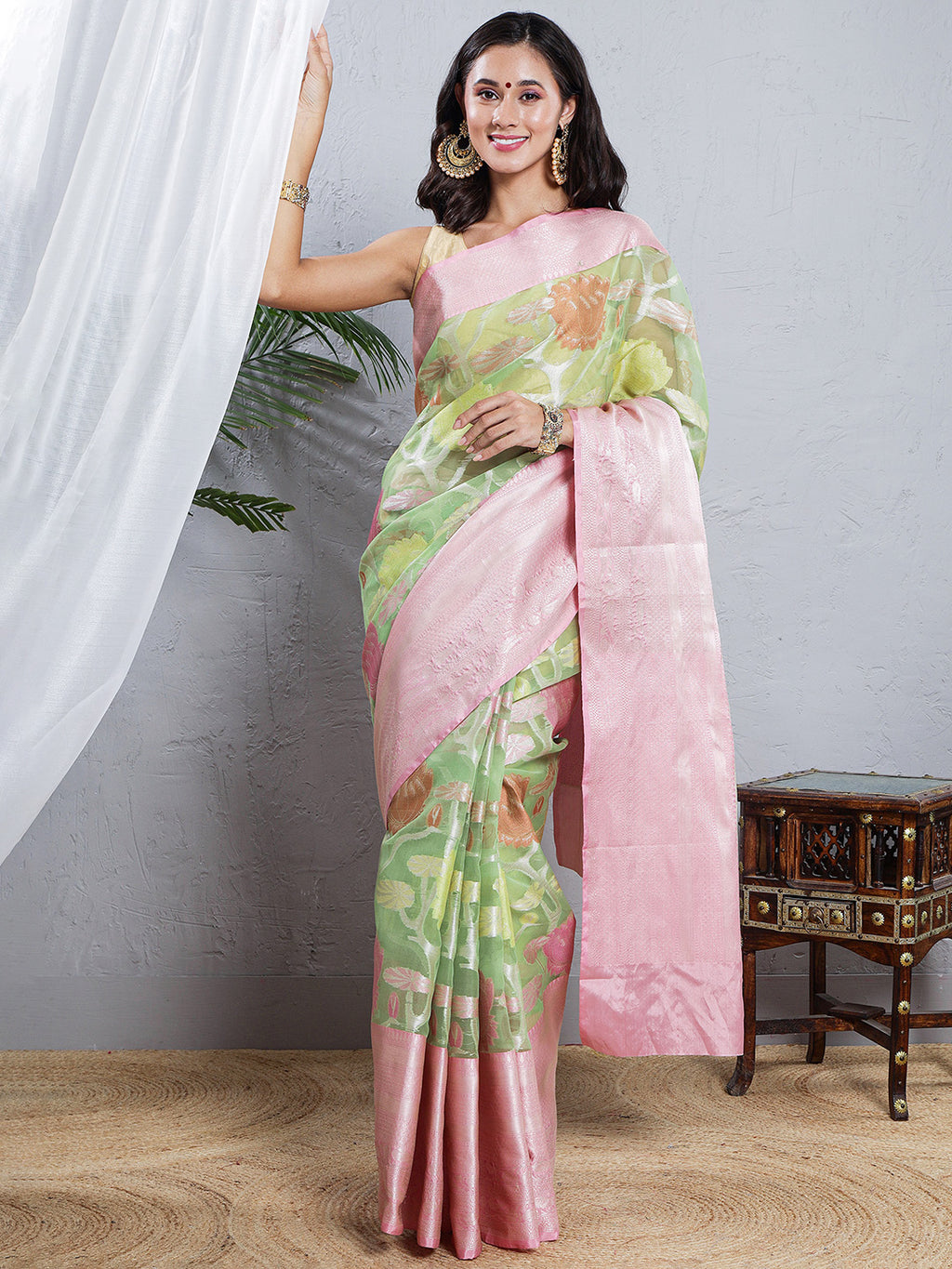 Banarasi Organza Floral Woven Saree - Soft Pink & Pastel Green