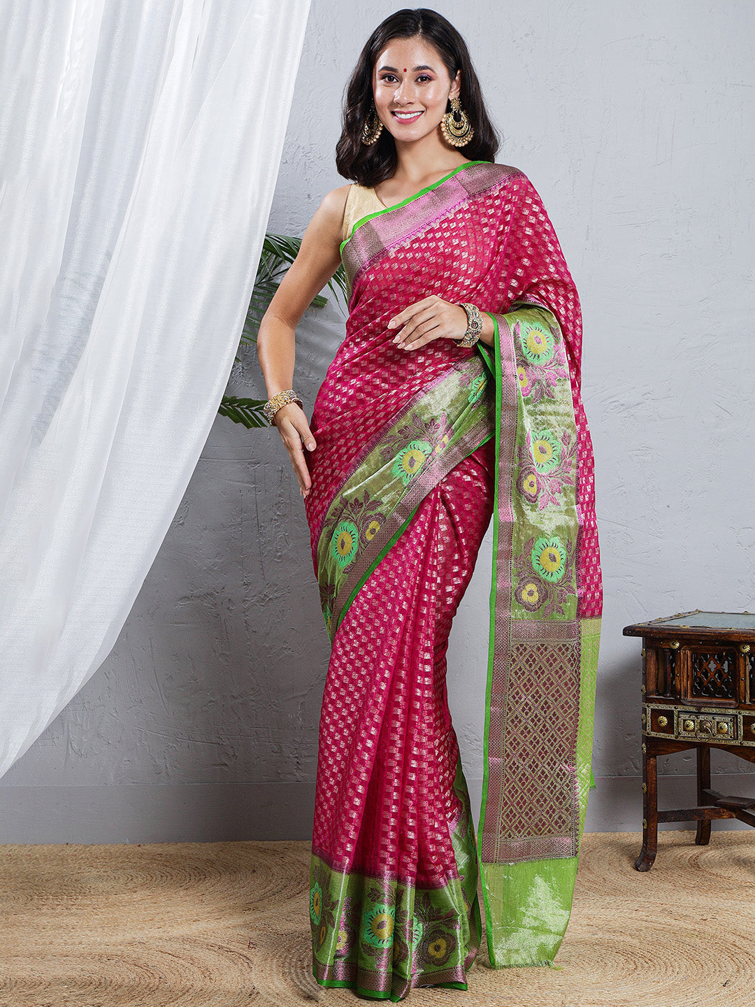 Banarasi Pure Georgette Zari Buta Woven Saree – Magenta