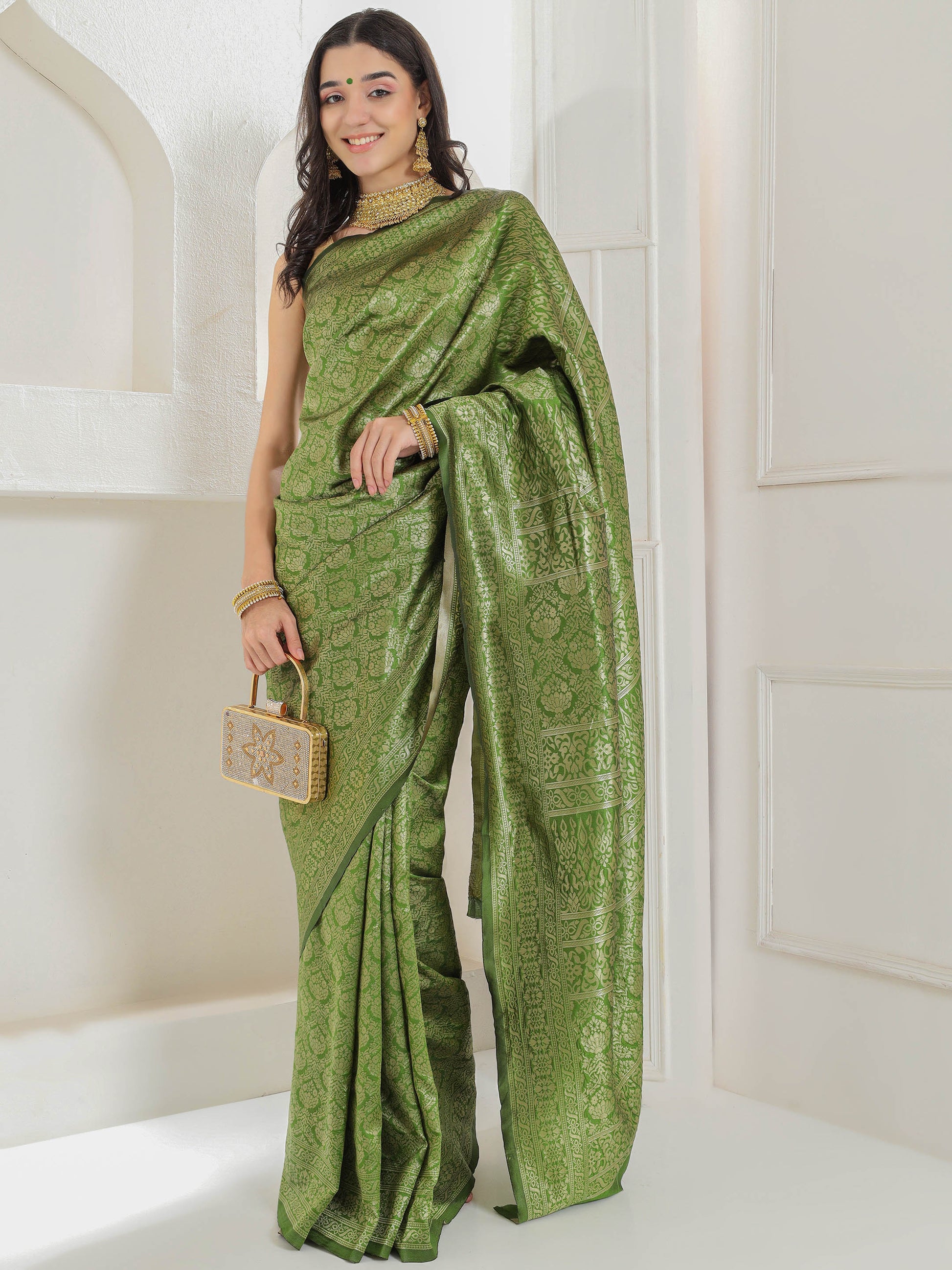 Brocade Silk Saree - Avocado Green