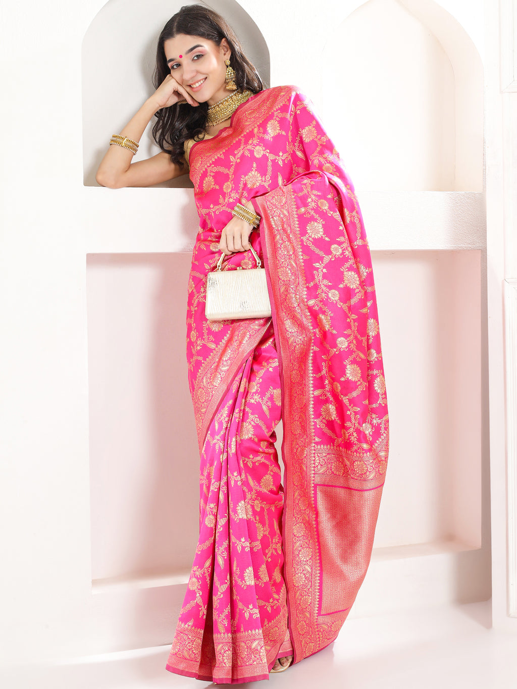 Banarasi Woven Silk Saree - Hot Pink