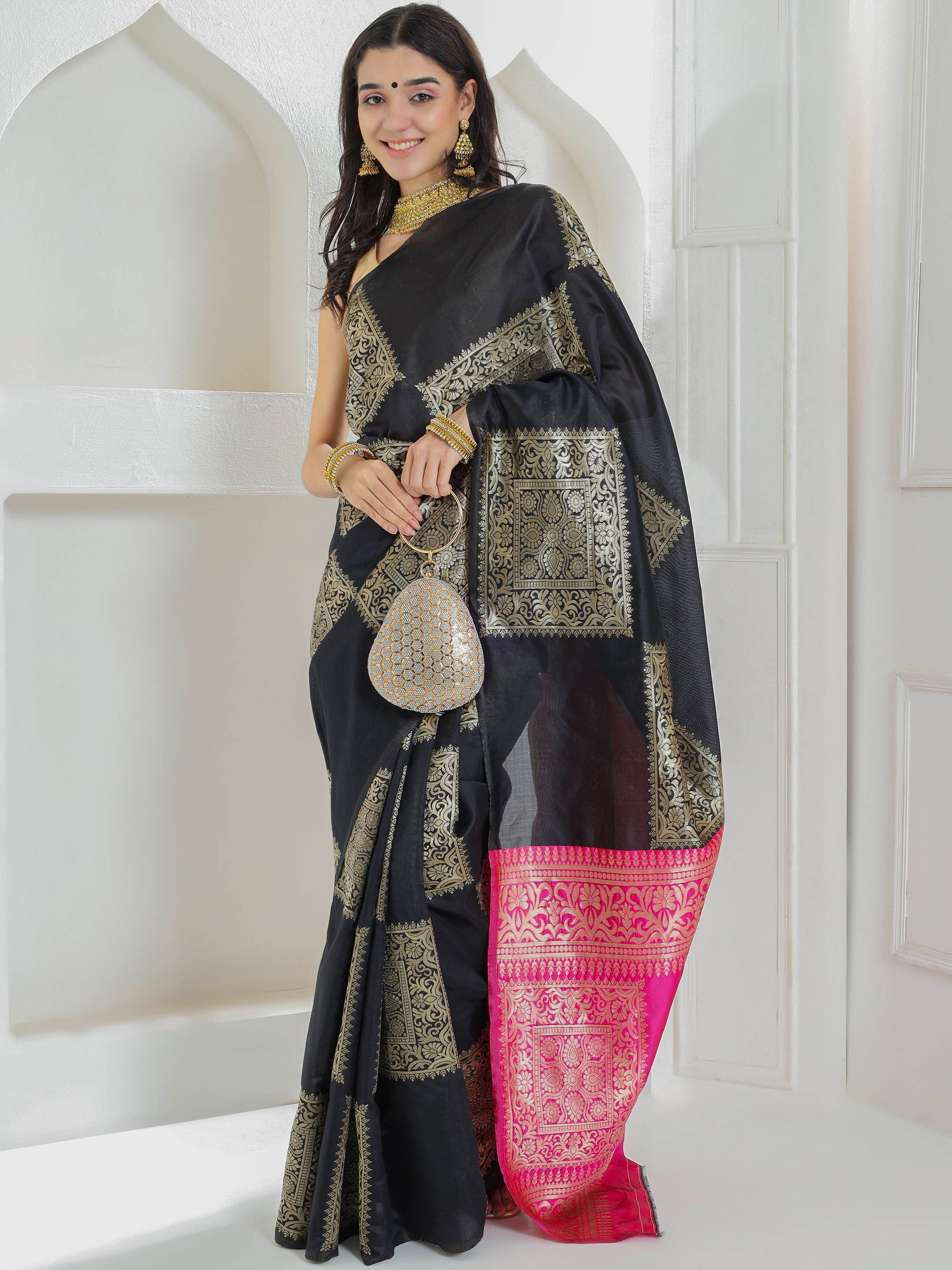 Silk Jacquard Zari Kanjeevaram Saree - Deep Black & Magenta Pink