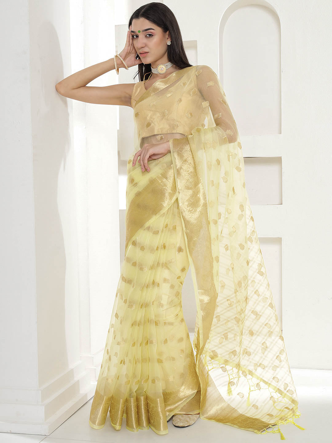 Banarasi Woven Organza Saree - Pale Yellow
