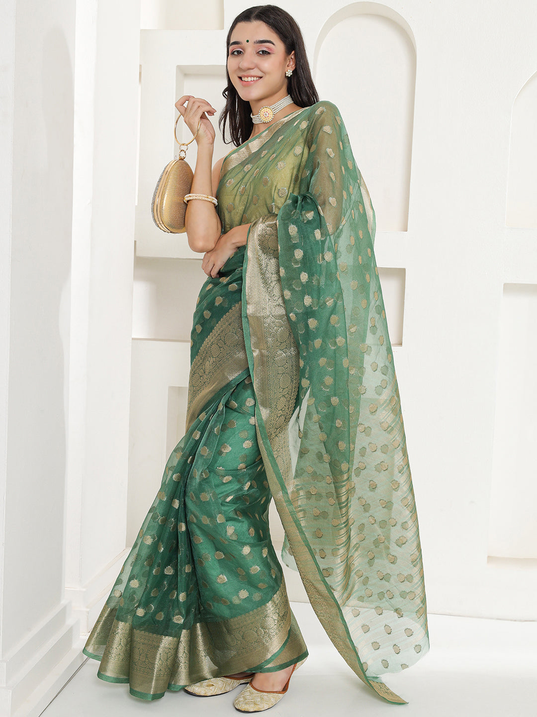 Banarasi Woven Organza Saree - Sacramento Green