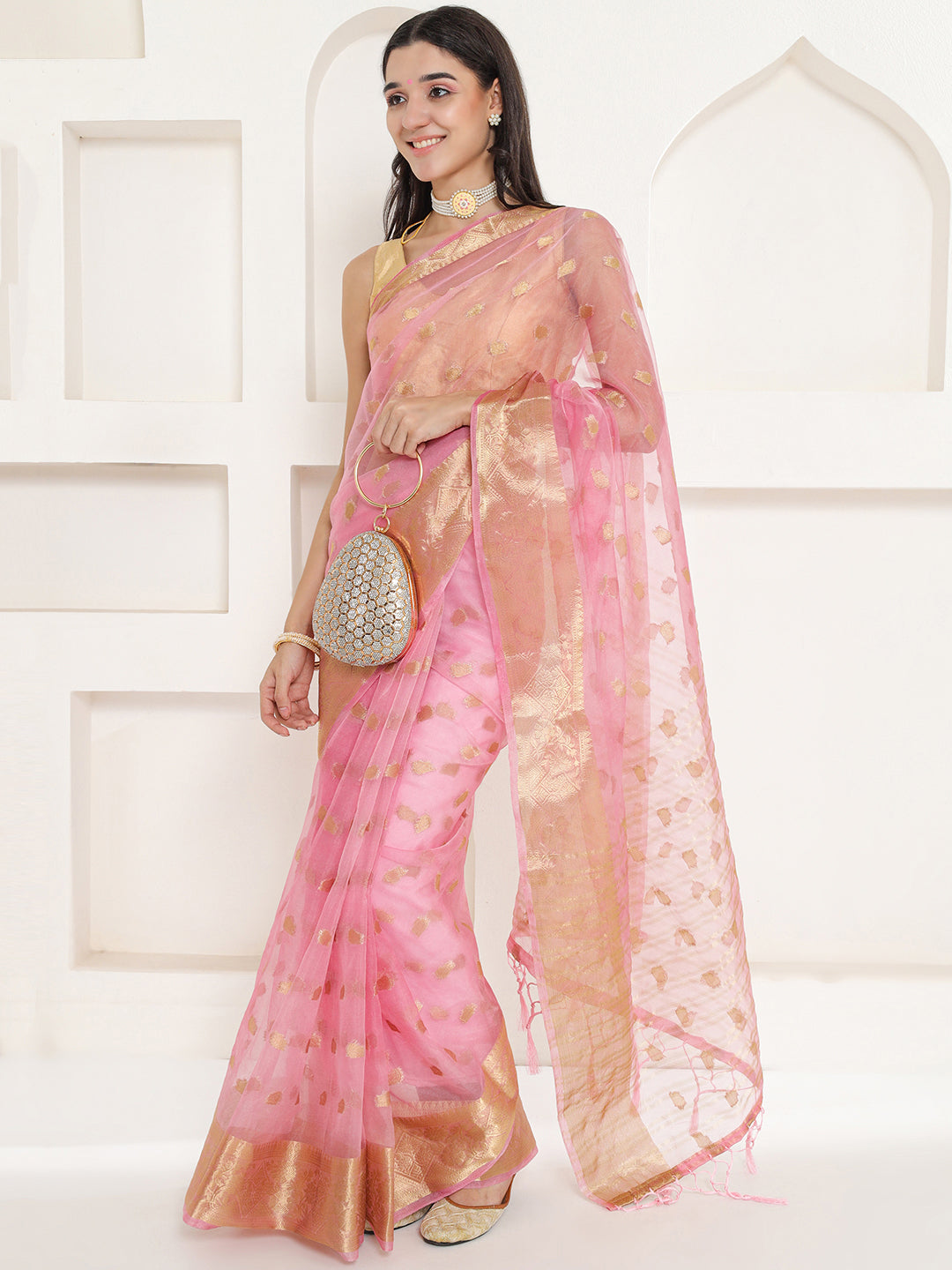 Banarasi Woven Organza Saree - Flamingo Pink