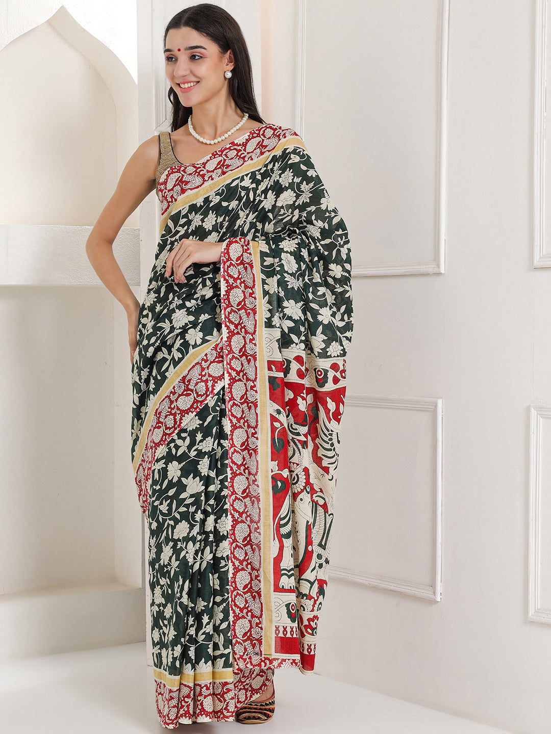 Ajrakh Print Cotton Saree - Verdant Green