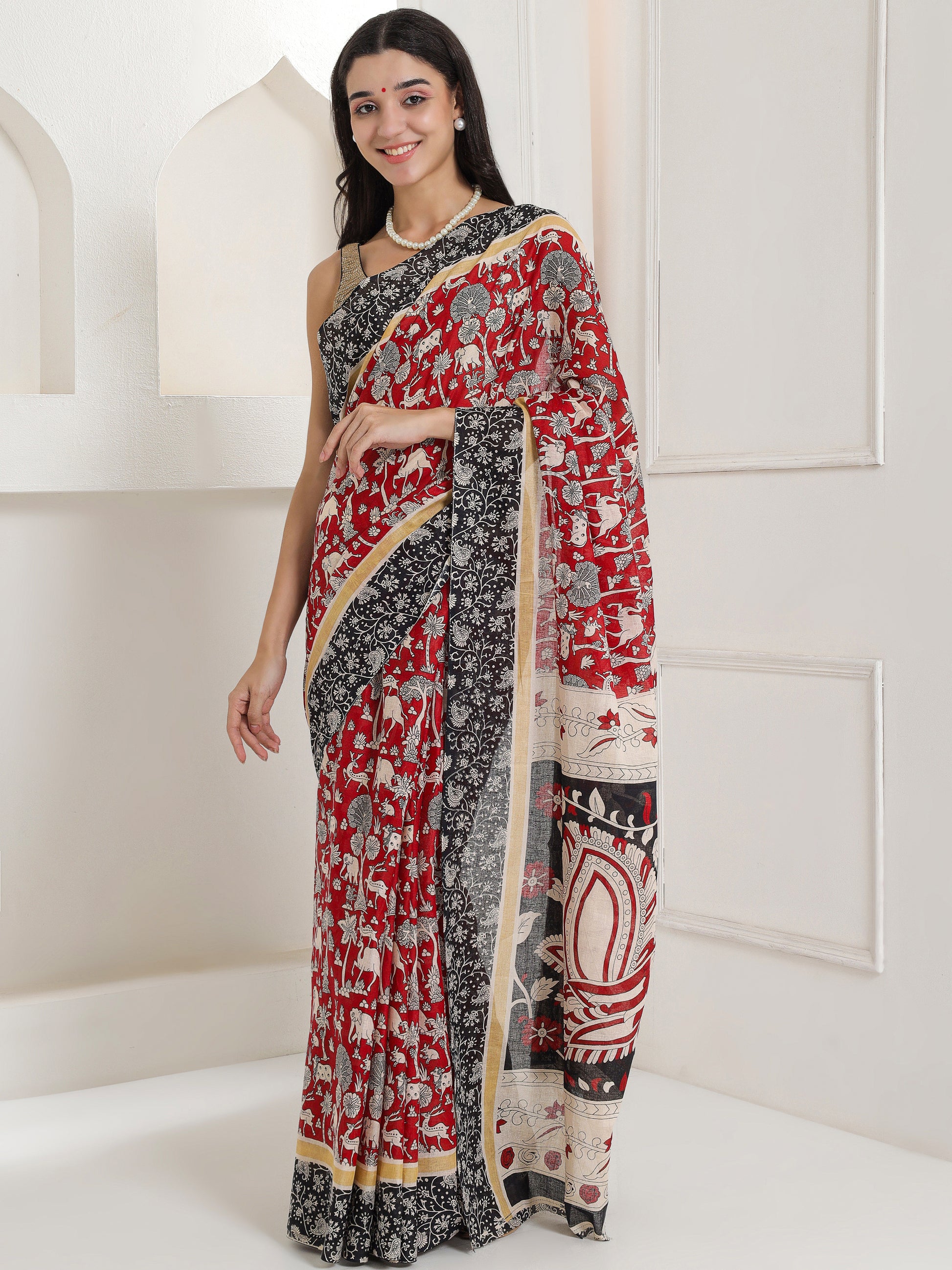 Ajrakh Print Cotton Saree - Deep Red